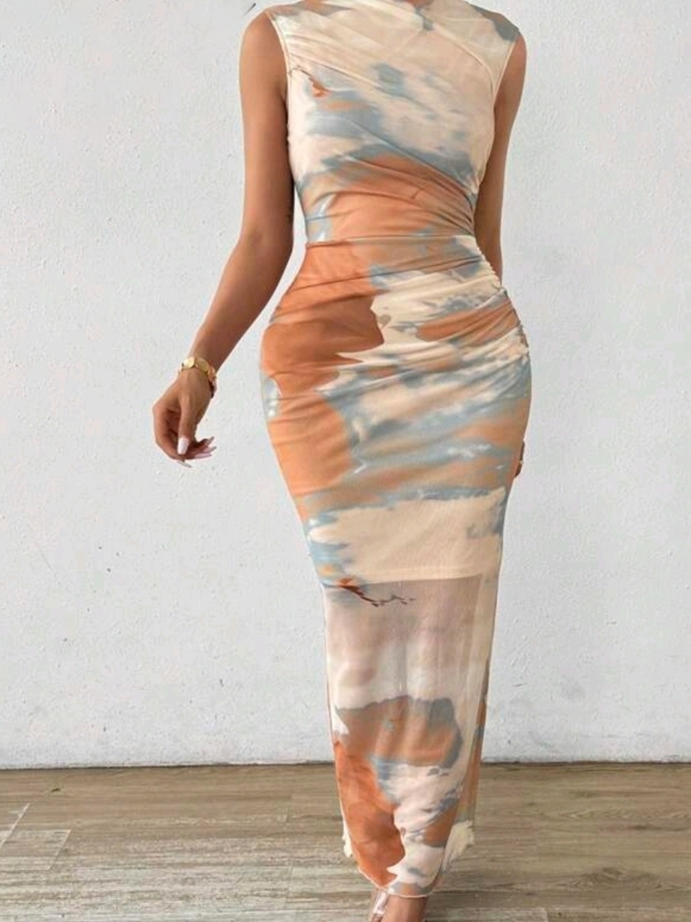 SHEIN Sleeveless Marble-Print Maxi Dress in Peach and Blue